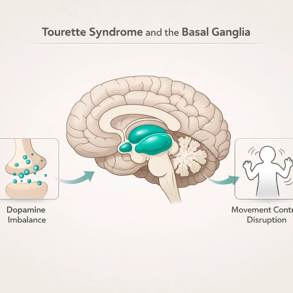 Tourette syndrome basal ganglia dopamine signalling brain diagram motor tic control
