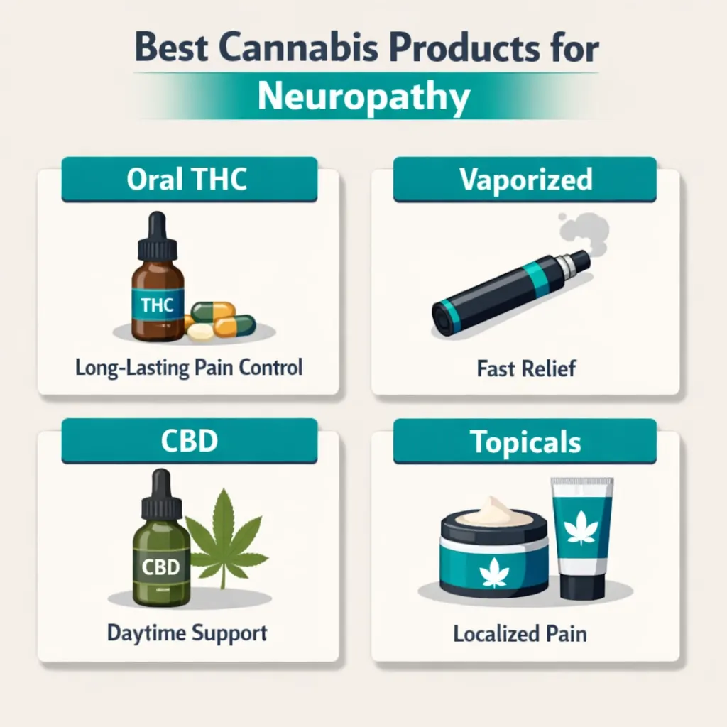 best cannabis products neuropathy oral THC vaporized CBD topical infographic