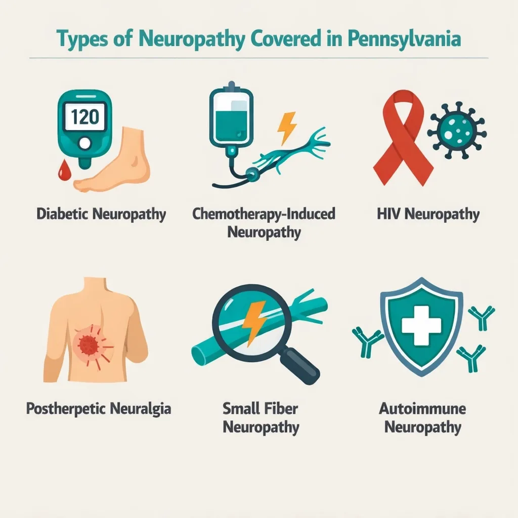 types of neuropathy diabetic CIPN HIV postherpetic neuralgia infographic Pennsylvania