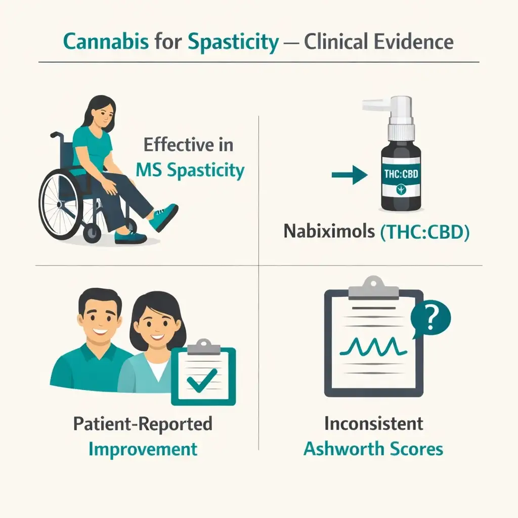 cannabis spasticity clinical evidence THC CBD nabiximols infographic