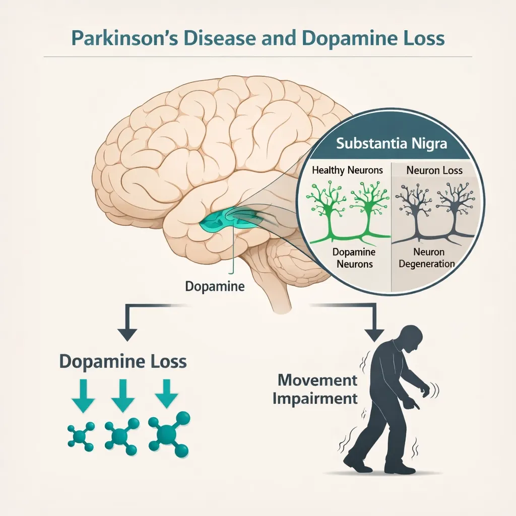 Parkinson’s disease dopamine neuron loss substantia nigra brain diagram