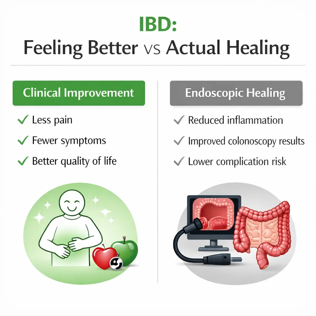 IBD clinical improvement vs endoscopic healing symptom relief vs inflammation infographic