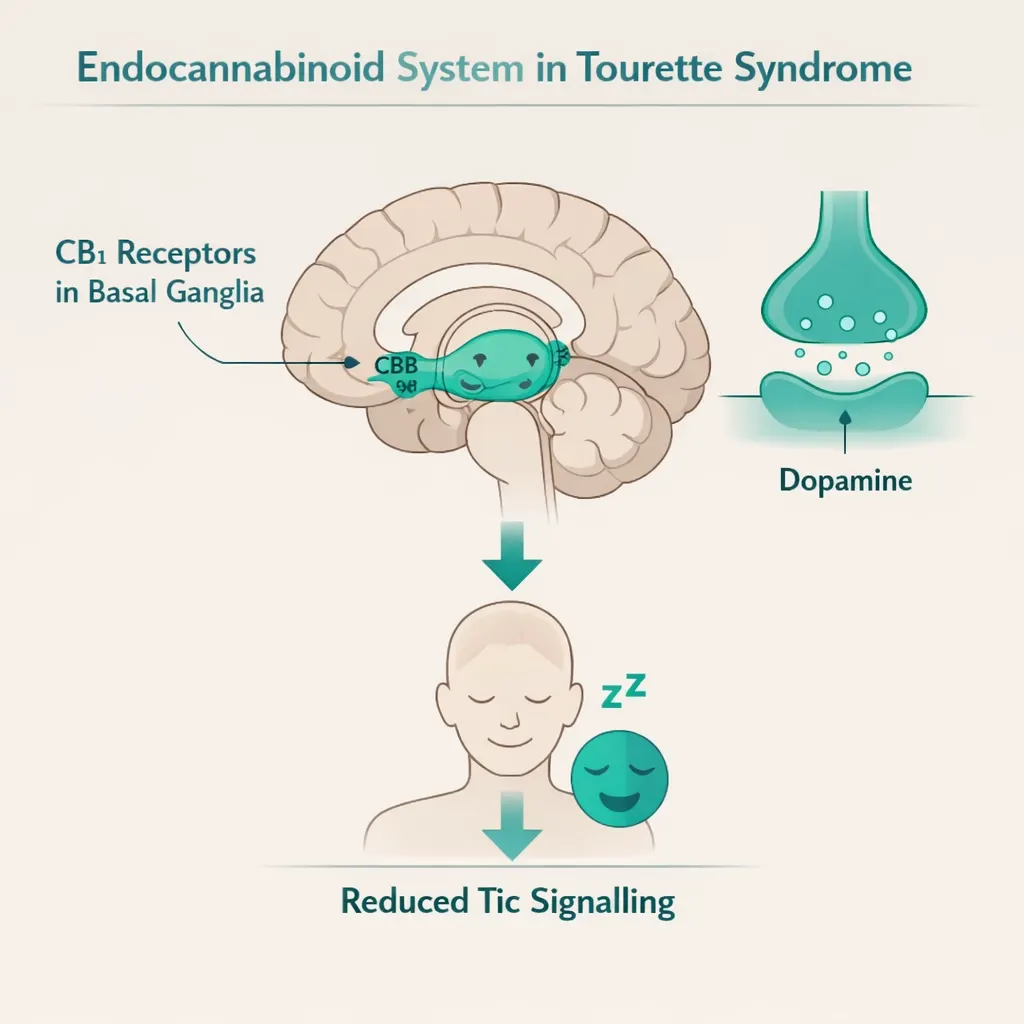 endocannabinoid system Tourette syndrome CB1 receptors basal ganglia dopamine modulation diagram
