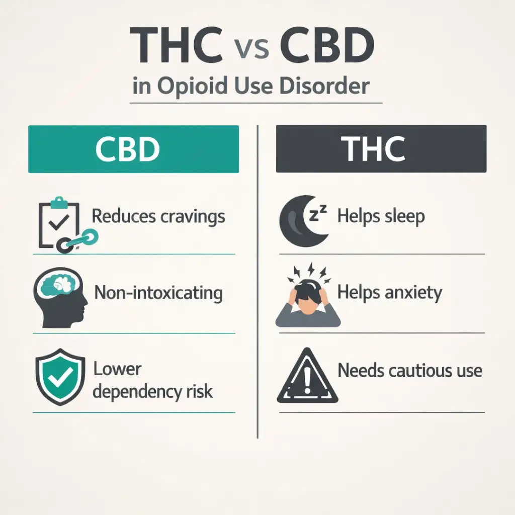 THC vs CBD opioid use disorder craving anxiety sleep comparison infographic