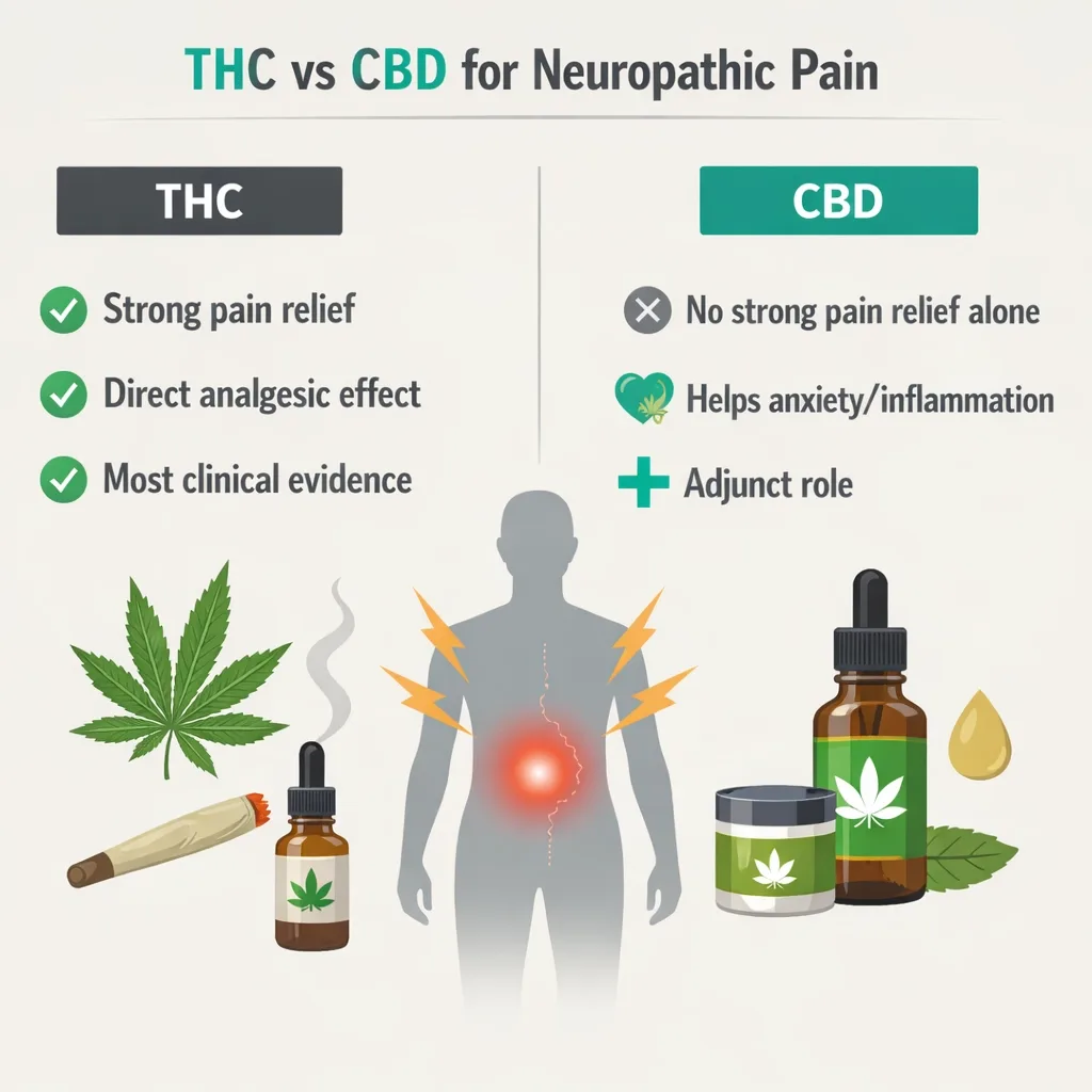 THC vs CBD neuropathic pain relief comparison infographic cannabis evidence
