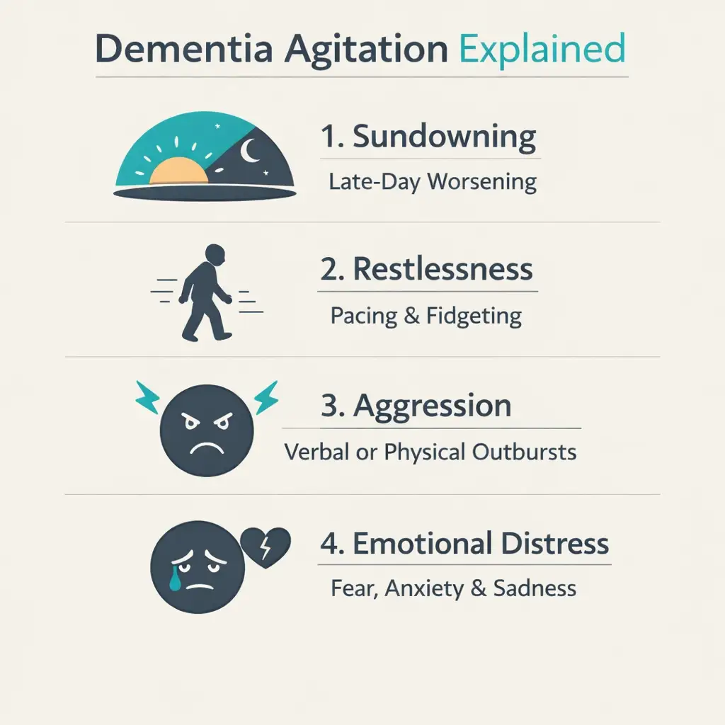 dementia agitation sundowning restlessness aggression infographic Alzheimer’s