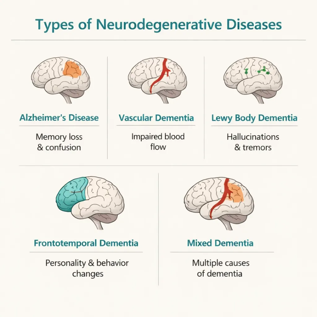 types of neurodegenerative diseases Alzheimer’s vascular Lewy body frontotemporal dementia infographic