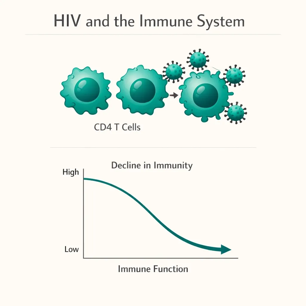 HIV virus attacking CD4 cells immune system decline diagram