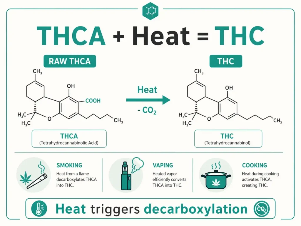 thca to thc conversion with heat decarboxylation infographic