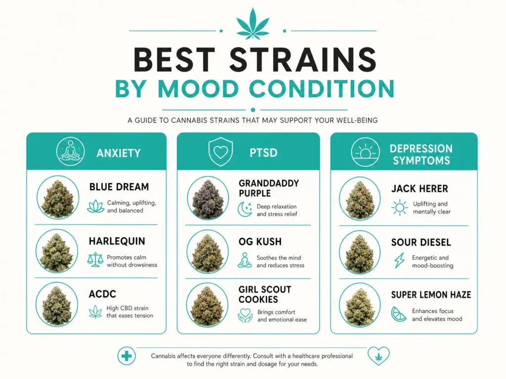 best cannabis strains by mood condition infographic