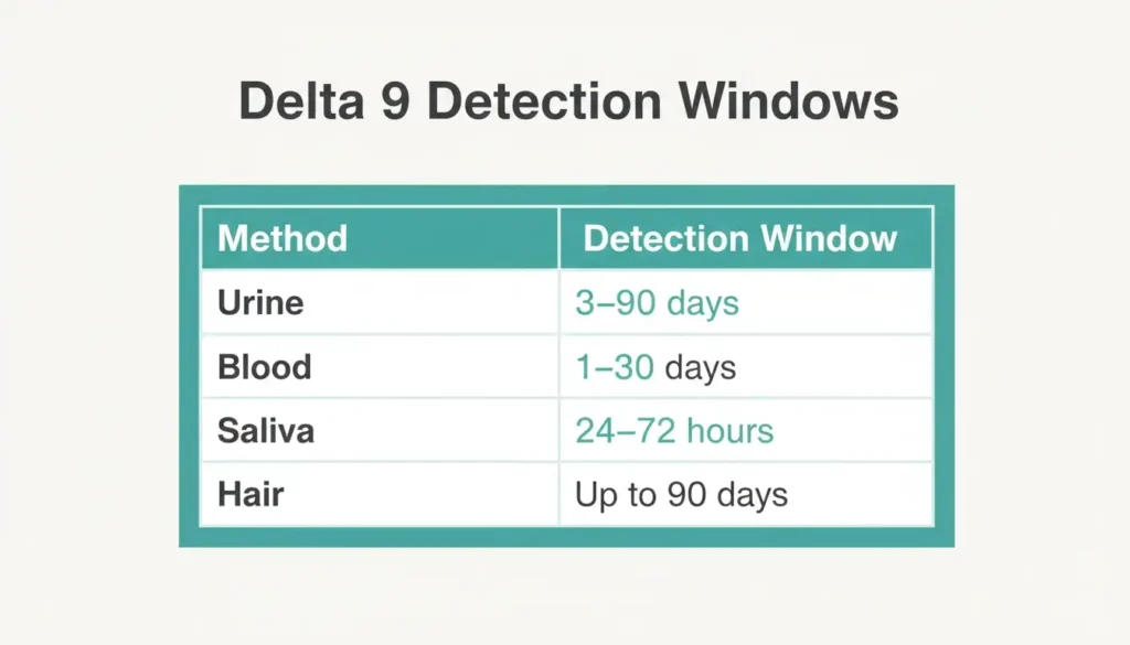 delta 9 detection windows by urine blood saliva and hair test infographic