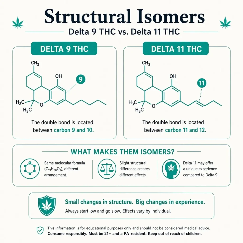 structural isomers infographic comparing delta 9 THC and delta 11 THC molecular double bond positions