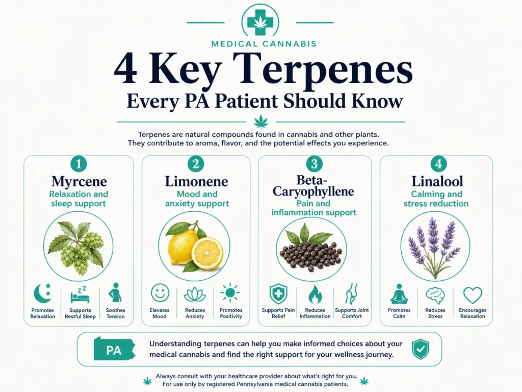 four key cannabis terpenes for anxiety pain and sleep infographic
