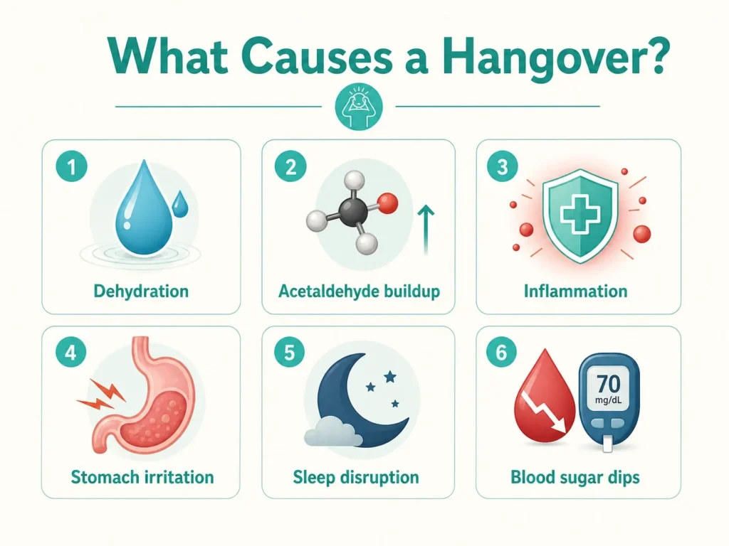 what causes a hangover dehydration inflammation infographic