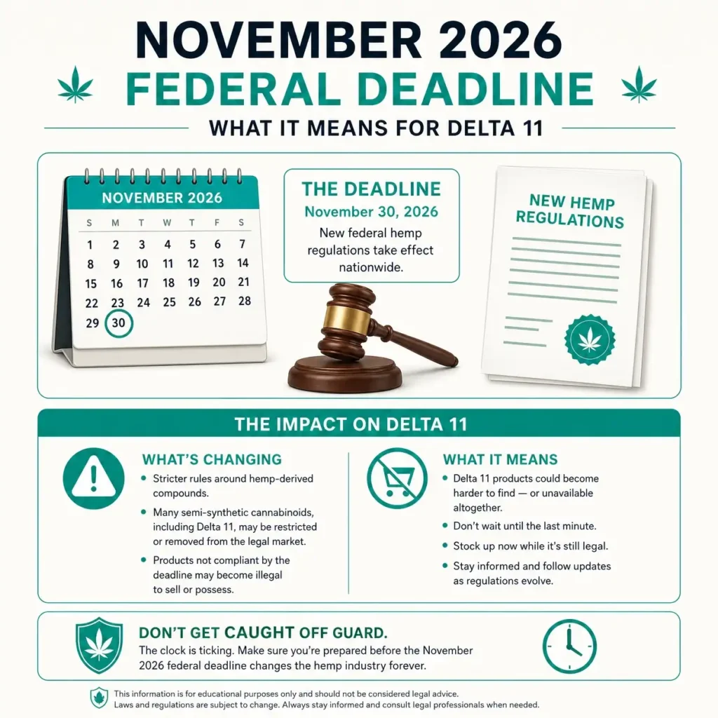 November 2026 federal hemp law changes infographic explaining possible restrictions on delta 11 THC products