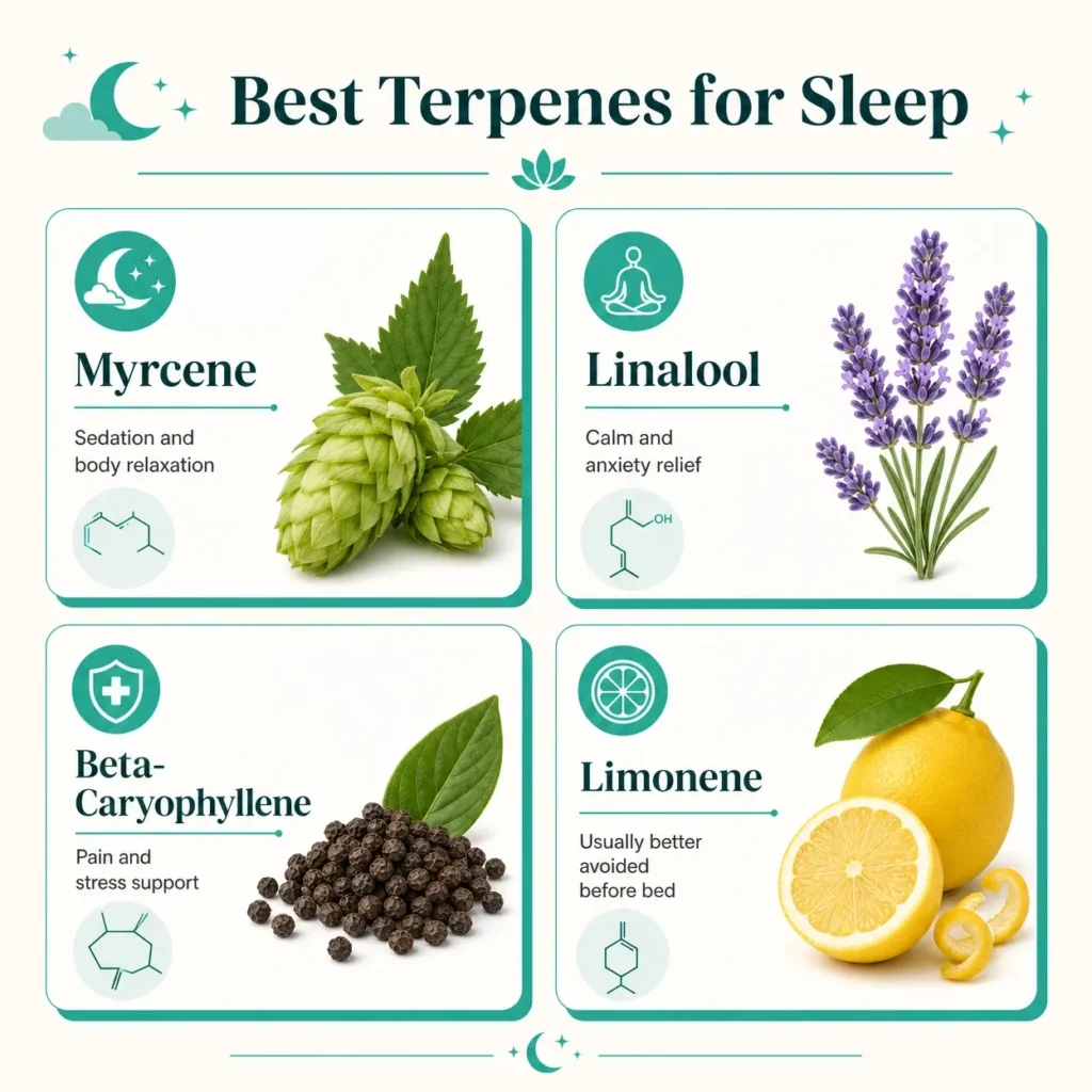 best terpenes for sleep myrcene linalool infographic