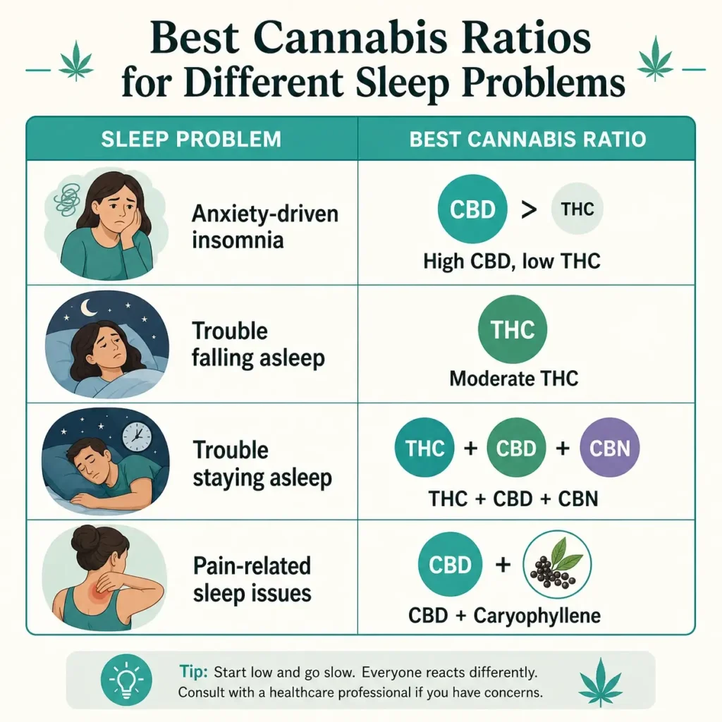 best cannabis ratios for different sleep problems infographic