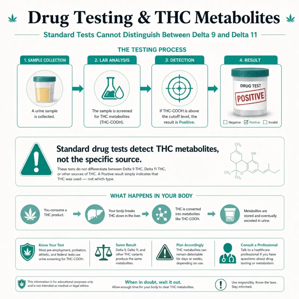 drug testing infographic showing delta 9 and delta 11 THC can both produce THC metabolites and cause a positive drug test
