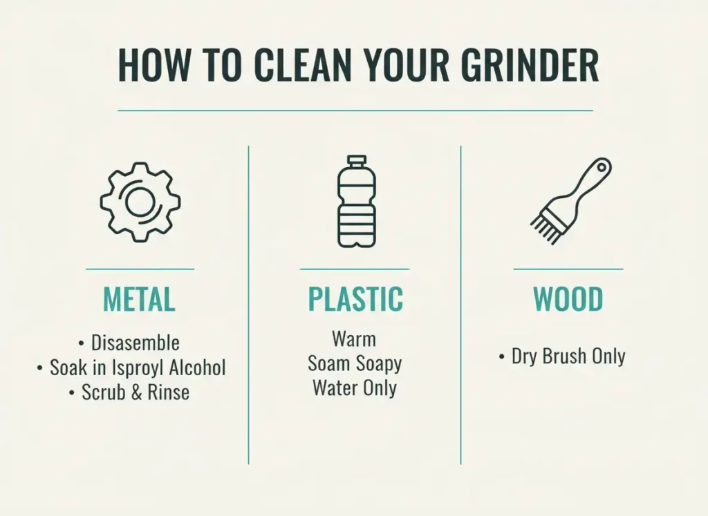 how to clean a weed grinder by material type infographic