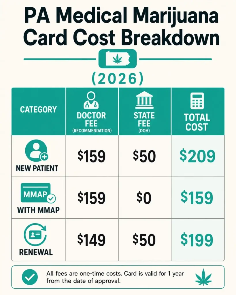 pa medical marijuana card cost breakdown 2026 mmap vs standard infographic