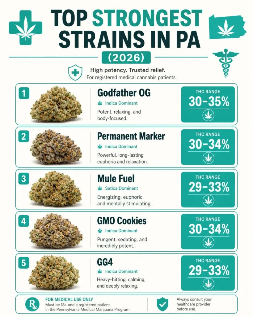 highest THC strains PA dispensary infographic