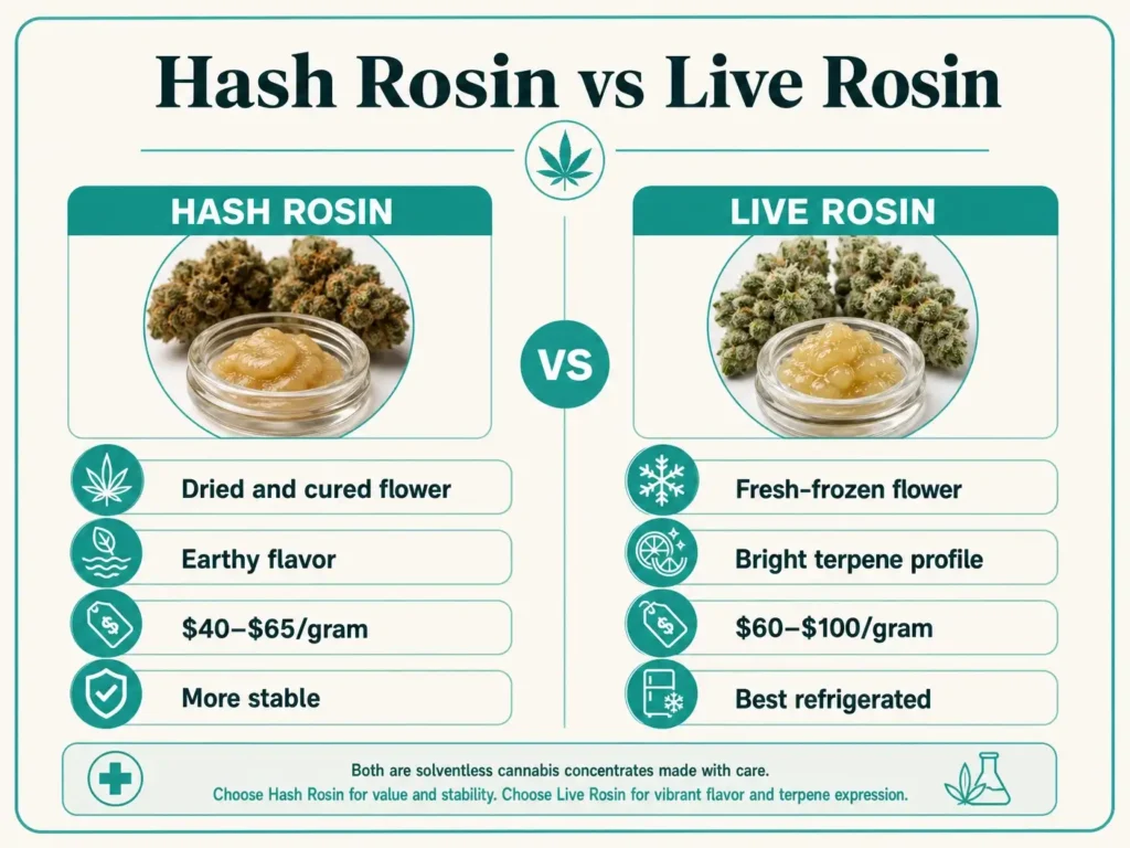 hash rosin vs live rosin price flavor and storage infographic
