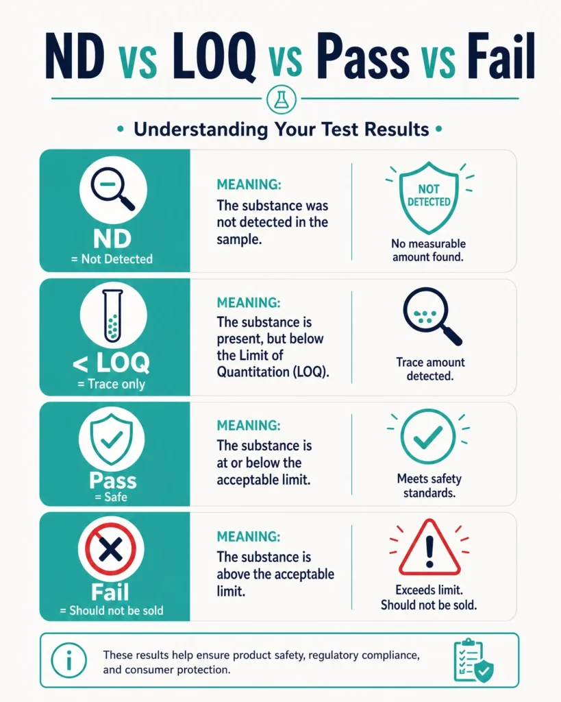 ND vs LOQ vs pass vs fail on cannabis lab report infographic