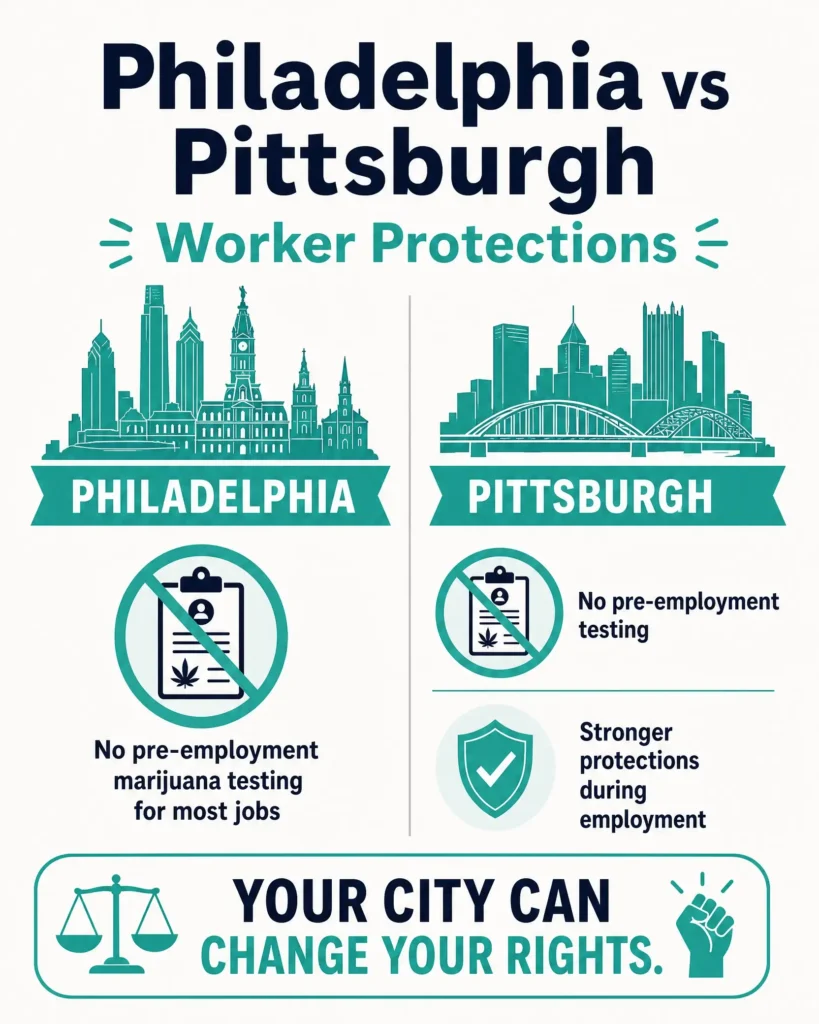 Philadelphia vs Pittsburgh medical marijuana worker protections infographic