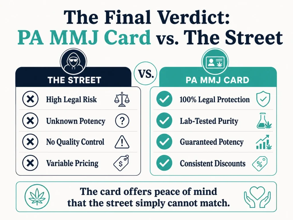 PA MMJ card vs street weed complete comparison infographic