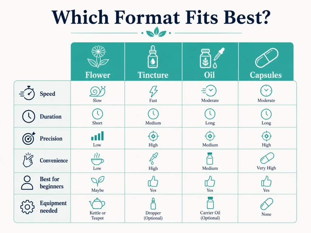 flower vs tincture vs oil vs capsules comparison infographic