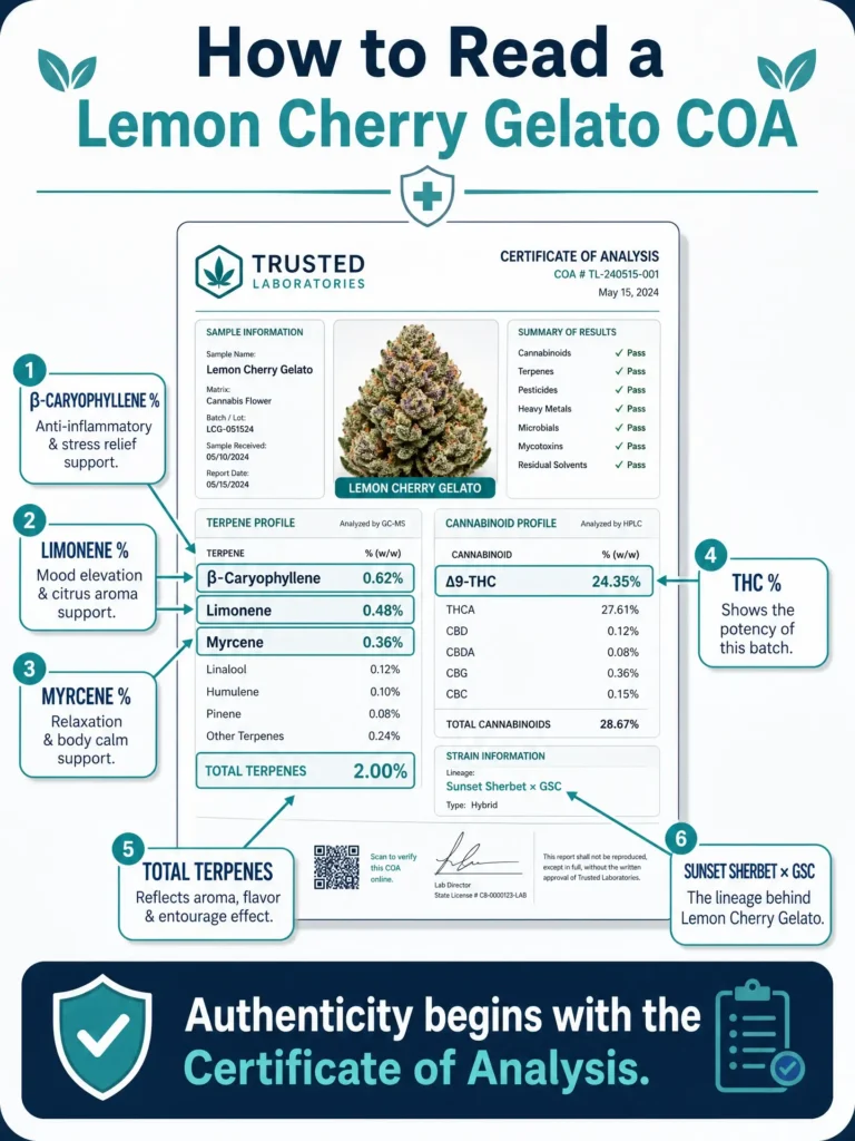 how to read a Lemon Cherry Gelato certificate of analysis infographic