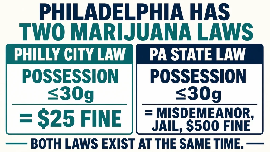 Philadelphia marijuana decriminalization vs Pennsylvania law infographic