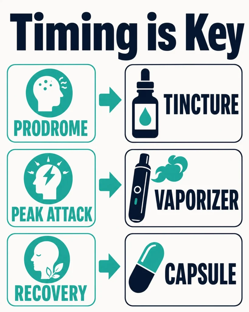cannabis delivery methods for different migraine stages infographic