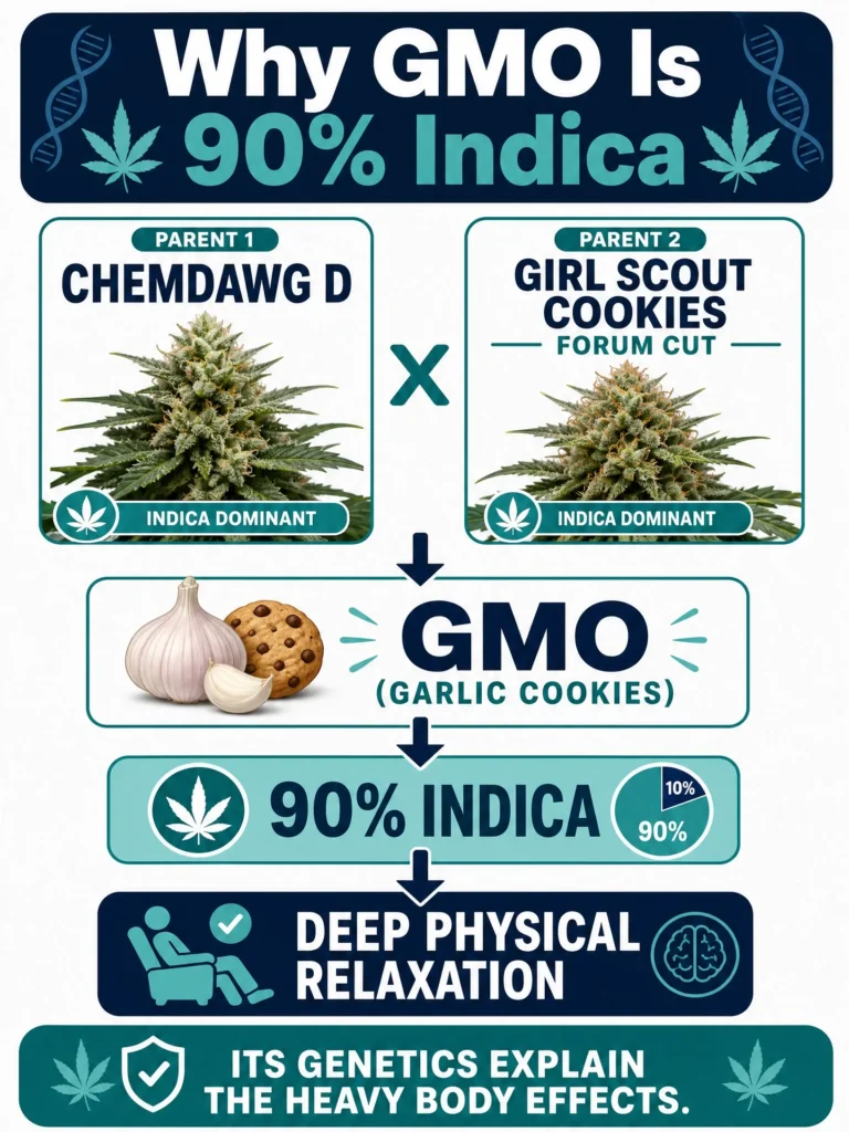 GMO strain genetics Chemdawg D and Girl Scout Cookies infographic