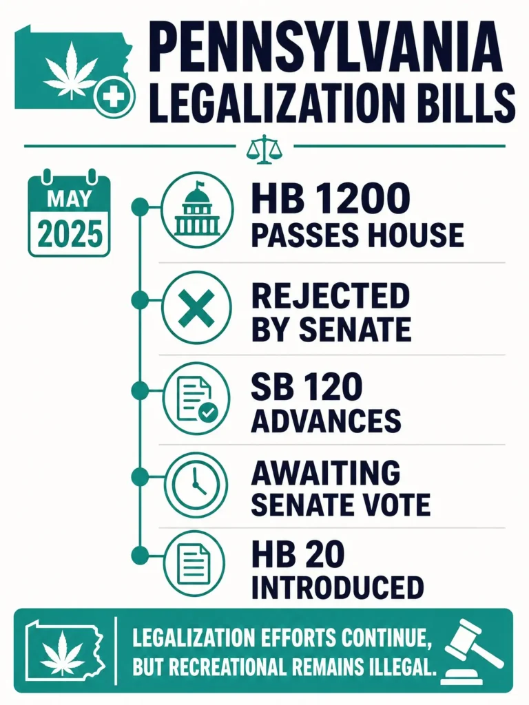 Pennsylvania SB 120 and HB 20 legalization timeline infographic