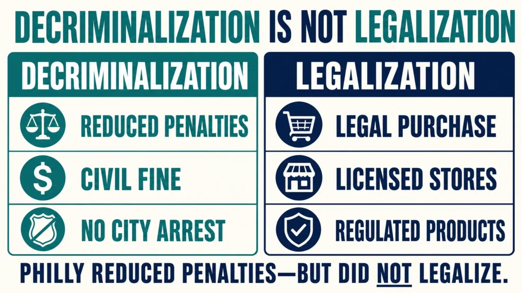 decriminalization vs legalization in Philadelphia infographic