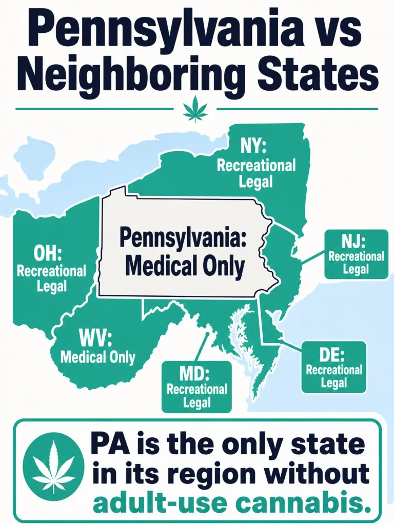 marijuana legalization map of states surrounding Pennsylvania infographic