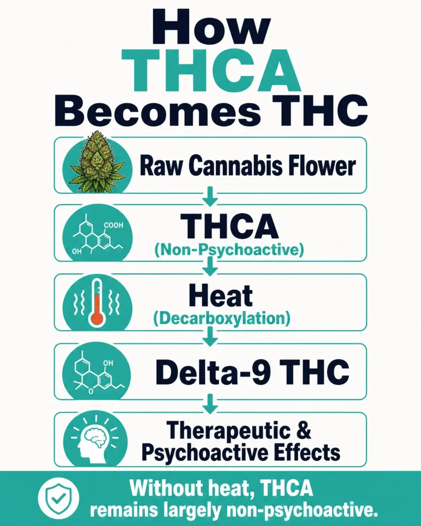 how THCA becomes THC through decarboxylation infographic
