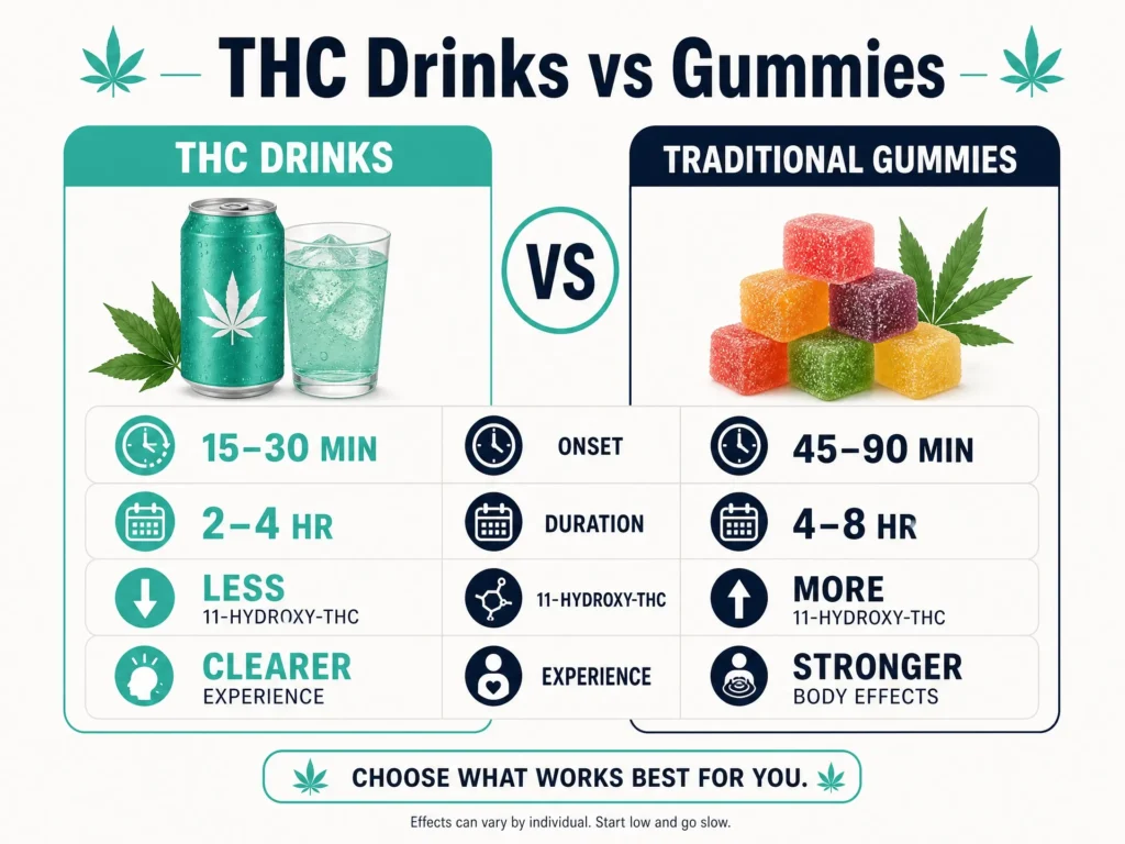 THC drinks vs gummies comparison infographic