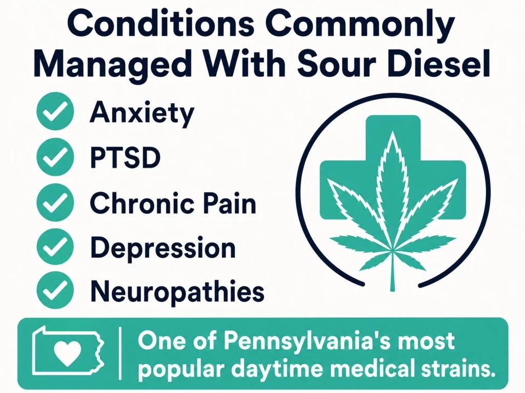 medical uses of Sour Diesel strain infographic
