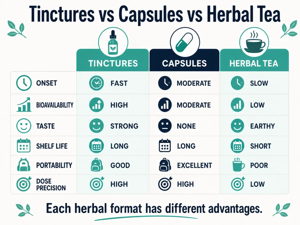 tinctures vs capsules vs tea infographic