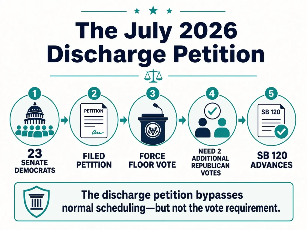 July 2026 SB 120 discharge petition infographic