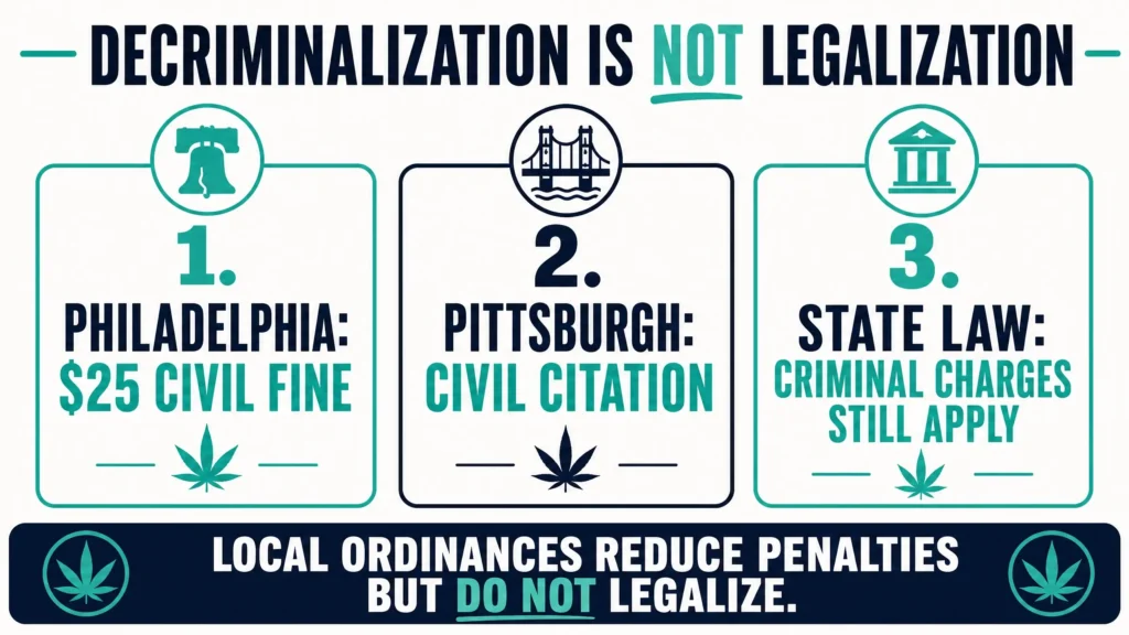 Philadelphia and Pittsburgh marijuana decriminalization infographic