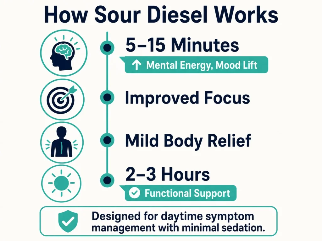 Sour Diesel therapeutic effects timeline infographic