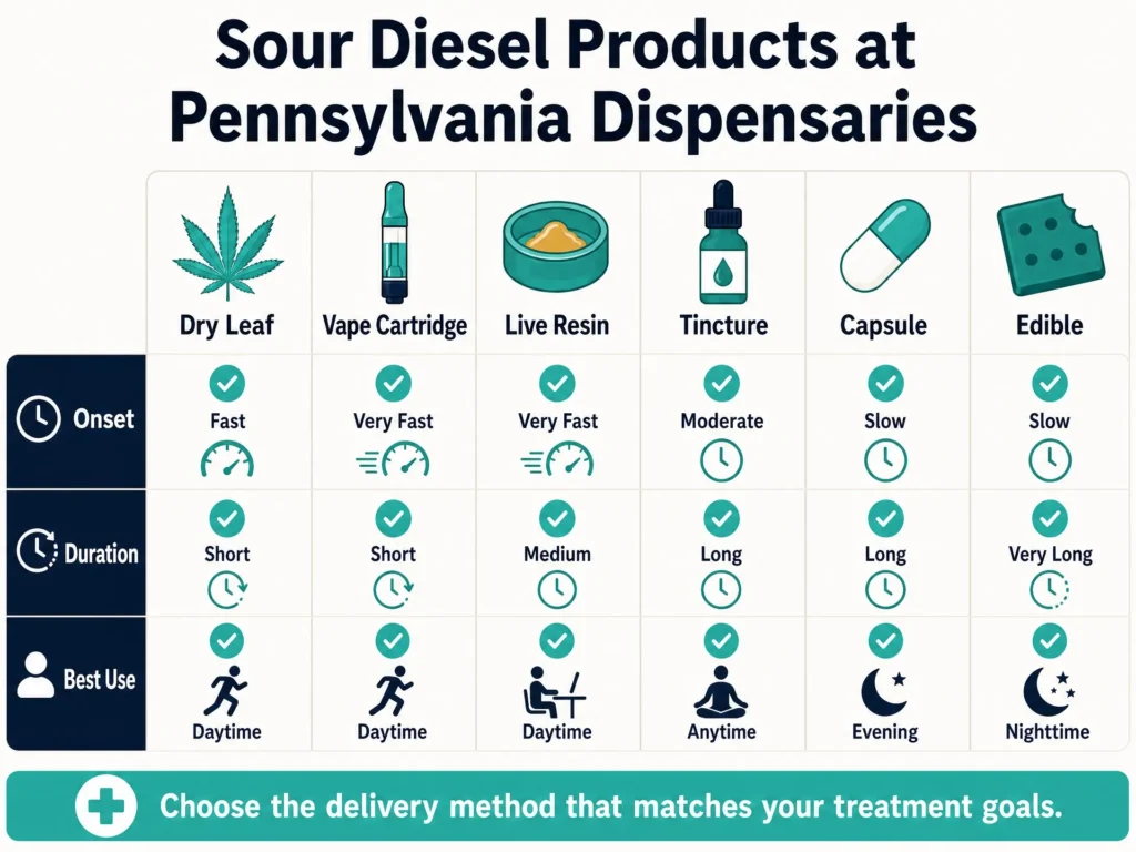 Sour Diesel products at Pennsylvania dispensaries infographic