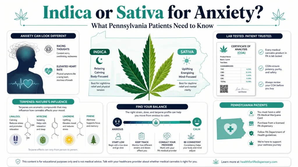 indica or sativa for anxiety infographic for Pennsylvania patients