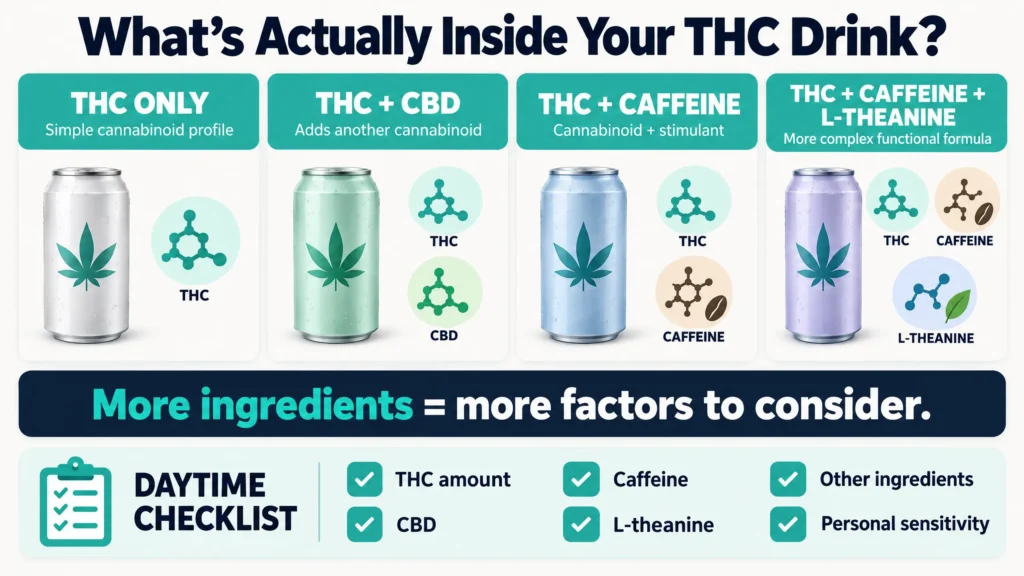 THC drink ingredient comparison showing THC CBD caffeine and L-theanine