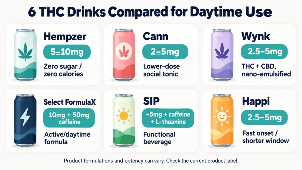 Comparison of six THC drinks by THC dose cannabinoids caffeine and intended use